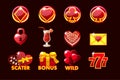 Vector Gaming icon of St.Valentine symbols for slot machines and a lottery or casino. Set 12 in red colors. Game casino