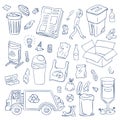 Vector garbage doodle elements set. Waste recycling objects. Trash can types, plastic, bottles, garbage truck, janitor