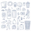 Vector garbage doodle elements set. Waste recycling objects. Trash can types, plastic, bottles, garbage truck, janitor Royalty Free Stock Photo