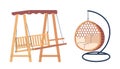 Vector Garden Furniture. Wooden Swing Bench Offers Relaxation With Gentle Sway, While An Egg-shaped Hanging Chair