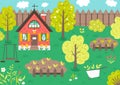 Vector garden scene with trees, country house, vegetable beds, flowers, swing. Spring gardening scenery. Cute cottage illustration Royalty Free Stock Photo