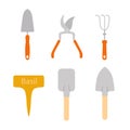 Vector garden tools set isolated on white. Gardening elements in flat cartoon style - shovel, rake, secateurs Royalty Free Stock Photo