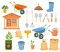 Vector garden tools set isolated on white. Gardening elements in flat cartoon style - shovel, rake, watering can, pail Royalty Free Stock Photo