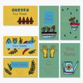 Vector gardening doodle business cards. Cartoon hand drawn isolated design horticulture elements. Spring set for Royalty Free Stock Photo