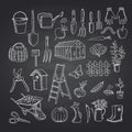 Vector gardening doodle icons on black chalkboard illustration