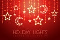 Vector garlang with gold or yellow lamps on red christmas background. Glowing star shape. Holiday string of lights Royalty Free Stock Photo