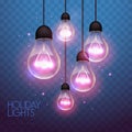 Vector garlang of pink lamps on transparent blue background. Holiday string of lights illustration