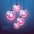 Vector garlang of pink lamps on transparent blue background. Holiday string of lights illustration