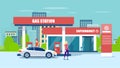 Vector of gas station, supermarket, fueling car