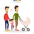 Vector gay couple love concept. Family of two men, daughter and baby in the cradle. Romantic illustration. Royalty Free Stock Photo