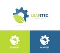 Vector of gear and leaf logo combination. Mechanic and eco symbol or icon. Unique organic factory and industrial