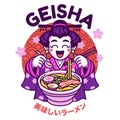 Geisha Cute Cartoon Mascot Eating Ramen Noodle with Japanese Text means Delicious Ramen