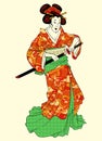 Geisha in Traditional Kimono using japanese katana
