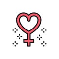 Gender female symbol, feminism, women power flat color line icon.