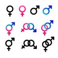 Vector Gender symbol set. Mars and Venus sign color blue and pink. Black heterosexual couple man and woman graphic icon Royalty Free Stock Photo