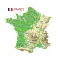 Geographic Map of France. High detailed atlas of France with mountains, mountain ranges and plateaus, plains, lakes and rivers.