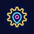 Vector geolocation pin in gear neon icon. Elements of business. Simple logo for websites, web design, mobile app, info graphics