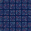 Ethnic folk motif ornament. Repeat decorative design, colorful particles on dark blue background, squares, triangles, diamonds, Royalty Free Stock Photo