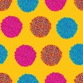 Vector geometric pom pom repeating pattern in retro vintage vibrant colors on yellow, perfect for fabric