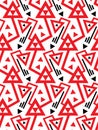 Vector geometric seamless pattern with lines and doubled red triangles in black and white. Royalty Free Stock Photo