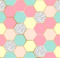 Vector geometric seamless repeating pattern with hexagonal honey comb shapes in pastel colors in golden structure Royalty Free Stock Photo