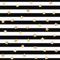 Vector seamless pattern with gold glitter stars on black and white stripes background