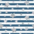 Vector seamless pattern with silver holographic glitter stars on blue and white stripes background