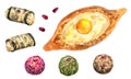 Vector Georgian food. Adjara khachapuri. Eggplant rolls with cheese and garlic. Vegetable balls with pomegranate. Hand Royalty Free Stock Photo