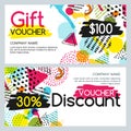 Vector gift card and discount voucher template with doodle texture and geometric shapes on white background. Royalty Free Stock Photo