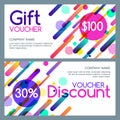 Vector gift and discount voucher template with abstract motion geometric shapes. Multicolor white holiday cards.