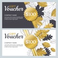 Vector gift or discount voucher template with 3d style gold and outline autumn leaves. Golden holiday cards set. Royalty Free Stock Photo