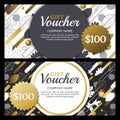 Vector gift or discount voucher template with golden fall leaves and dynamic geometric shapes. Gold shiny holiday cards.