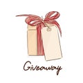 Vector gift giveaway sketch. Cool holiday illustration. Trendy package with ribbon and card. Graphic design Banner