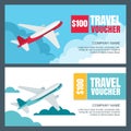 Vector gift travel voucher template. Flying airplane in the sky. Banner, coupon, certificate, flyer, ticket layout.
