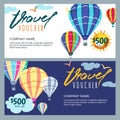 Vector gift travel voucher template. Multicolor hot air balloons in the sky. Concept for travel agency and sale ticket. Royalty Free Stock Photo