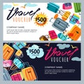 Vector gift travel voucher template. Multicolor luggage, suitcase, bags background.