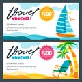 Vector gift travel voucher template. Concept for summer vacation and travel agency. Tropical island, yacht and palms.