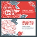 Vector gift voucher, summer design with red roses flowers. Business floral card template.