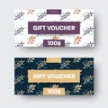 Vector gift voucher template with exotic small leaves, abstract elements, yellow, purple text inserts on white, black background Royalty Free Stock Photo