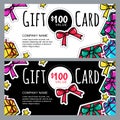 Vector gift voucher template with gift box patches and stickers. Christmas or New Year holidays cards. Royalty Free Stock Photo