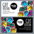 Vector gift voucher template with gift box patches and stickers. Christmas or New Year holidays cards in 80s, 90s comic style. Royalty Free Stock Photo