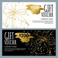 Vector gift voucher template with golden hand drawn bow ribbons. Royalty Free Stock Photo