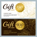 Vector gift voucher template with golden outline fall leaves. Gold, black and white autumn holidays cards. Royalty Free Stock Photo