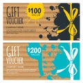 Vector gift voucher template. Hand drawn bow ribbon