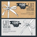 Vector gift voucher template with hand drawn bow ribbon and craft paper texture. Royalty Free Stock Photo