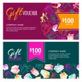 Vector gift voucher template with outline multicolor gift box, ribbons and calligraphy. Royalty Free Stock Photo