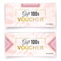 Vector gift voucher template. Universal flyer for business. luxury white pink marble with gold leaves for department