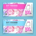 Vector gift voucher template. Universal flyer for business. Pink blue white flowers. Peony mosaic Abstract shapes for department s