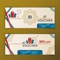 Vector gift voucher template. Universal flyer for business. Vinrage vector design, beige,red, turquoise design elements. Classical