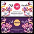 Vector gift voucher with tropic flowers.